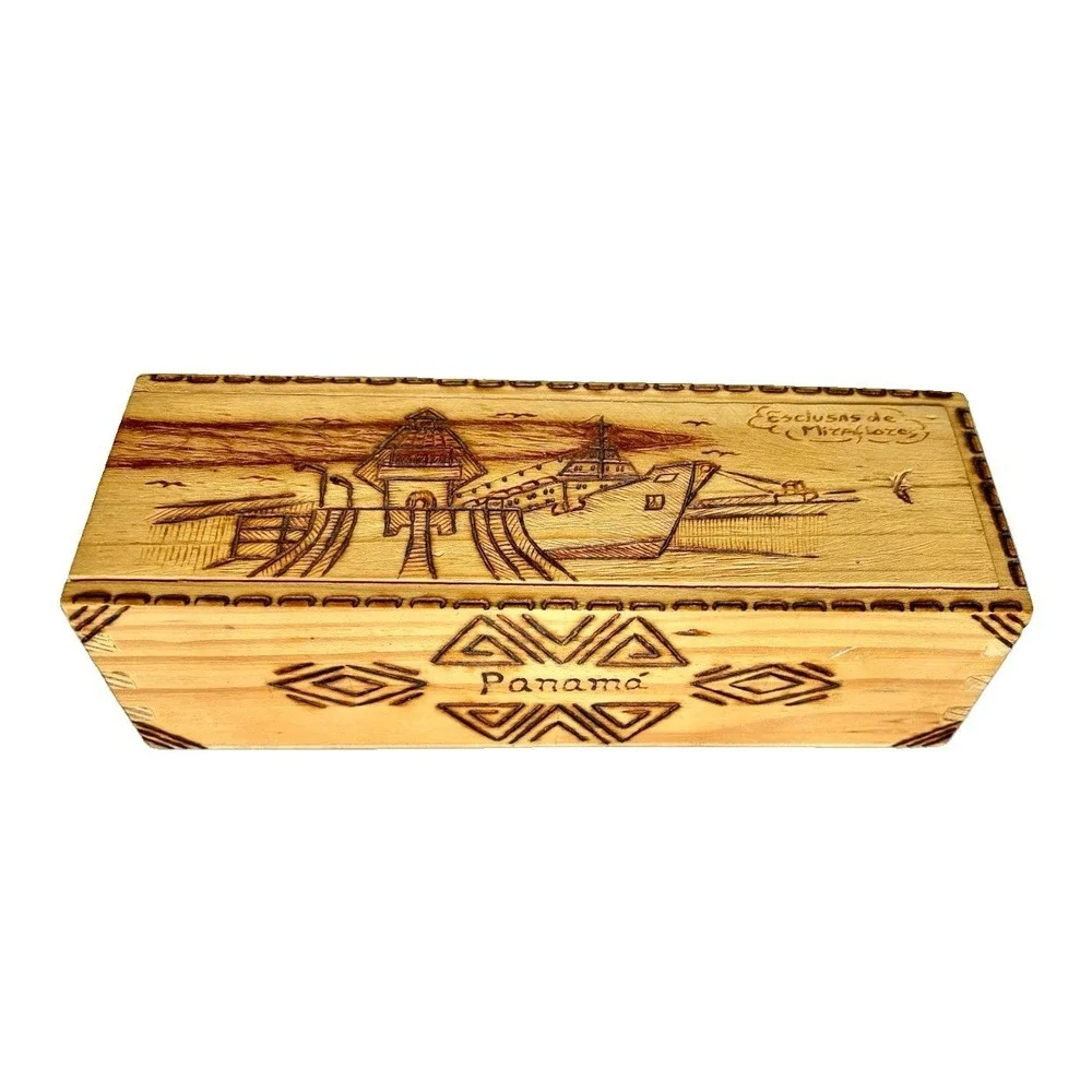 Vintage Panama Miraflores Locks Wood Carved Box Double Six Dominoes Set Spinner